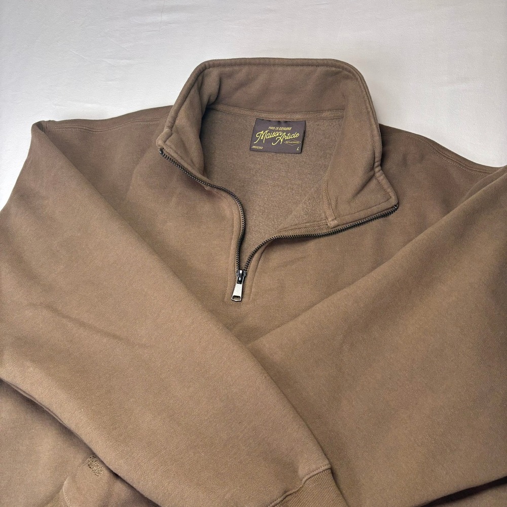 Maison Article 1/4 Quarter Zip Sweatshirt Mens Large Brown Fleece Drawstring Hem